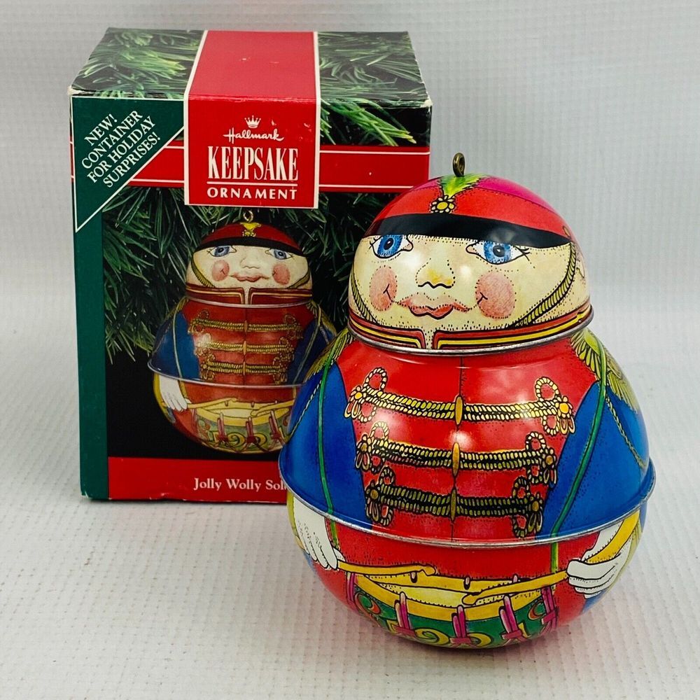 Hallmark Jolly Wolly Soldier Keepsake Container Ornament Pressed Tin 1991